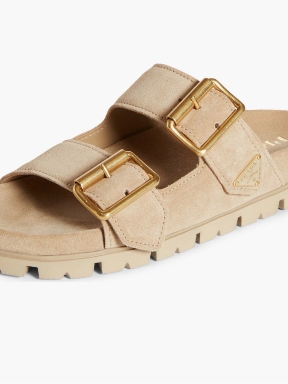 Prada Beige Suede Double-Buckle Slide with Gold Buckles